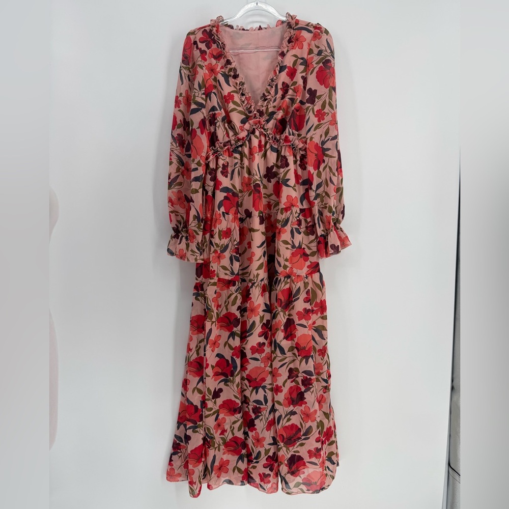 Floral Long Sleeve Maxi Dress, Size M
